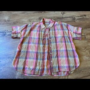 Madewell pink/yellow/red checkered/plaid button down shirt sleeve top